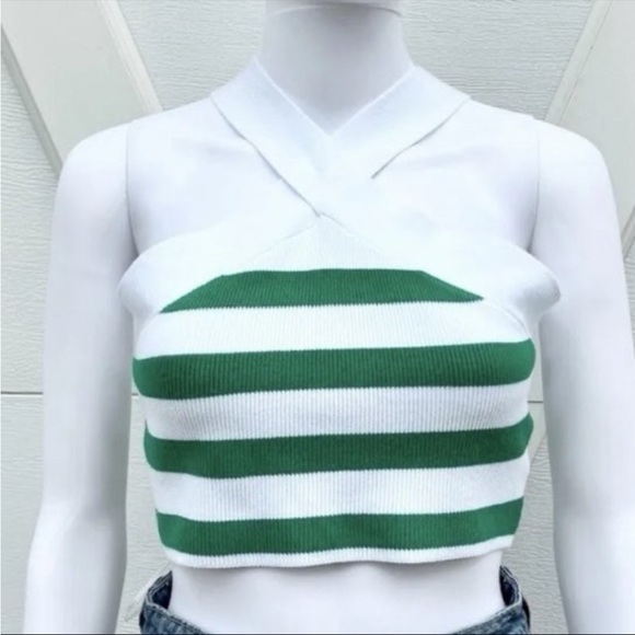 House of Harlow Green White Striped Ribbed Knit Halter Crop Top - Picture 4 of 7